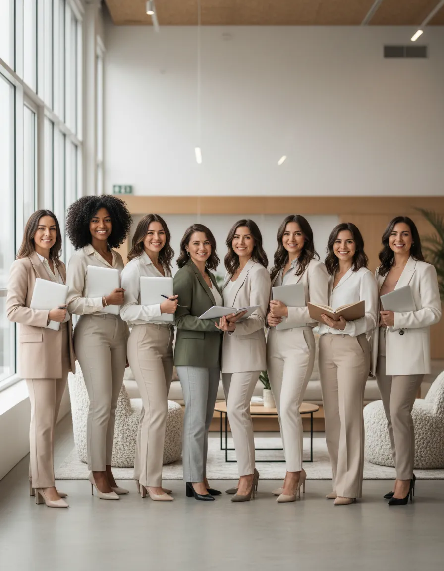 Diverse group of confident professional women standing together in a modern office environment, representing business leadership and collaboration.