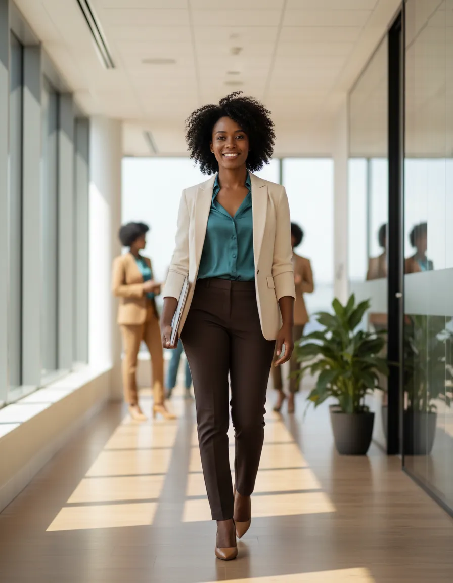 Confident African American businesswoman walking through a modern bright office holding a laptop.