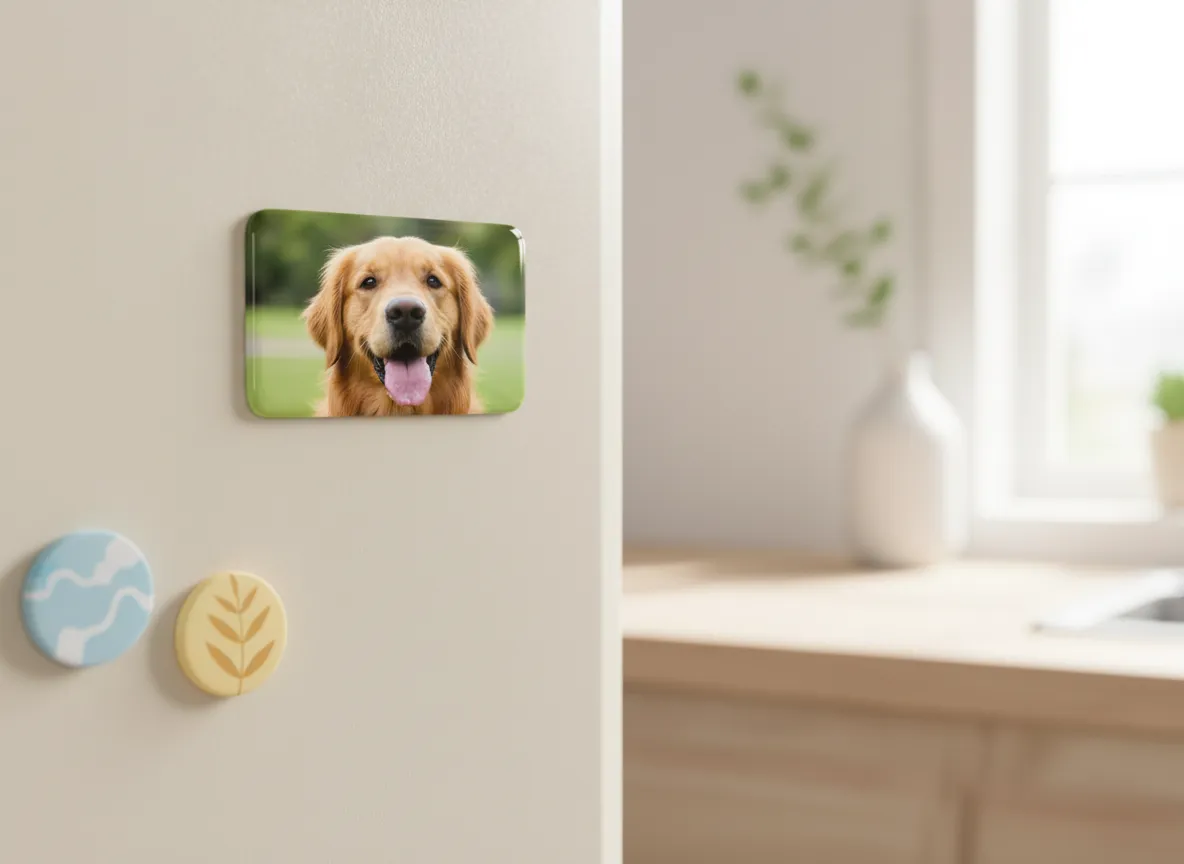 Photo magnet of a dog on a fridge