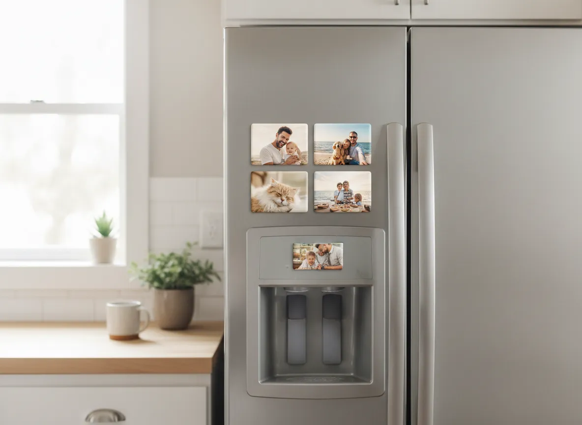 Handmade photo magnets displayed on a refrigerator door
