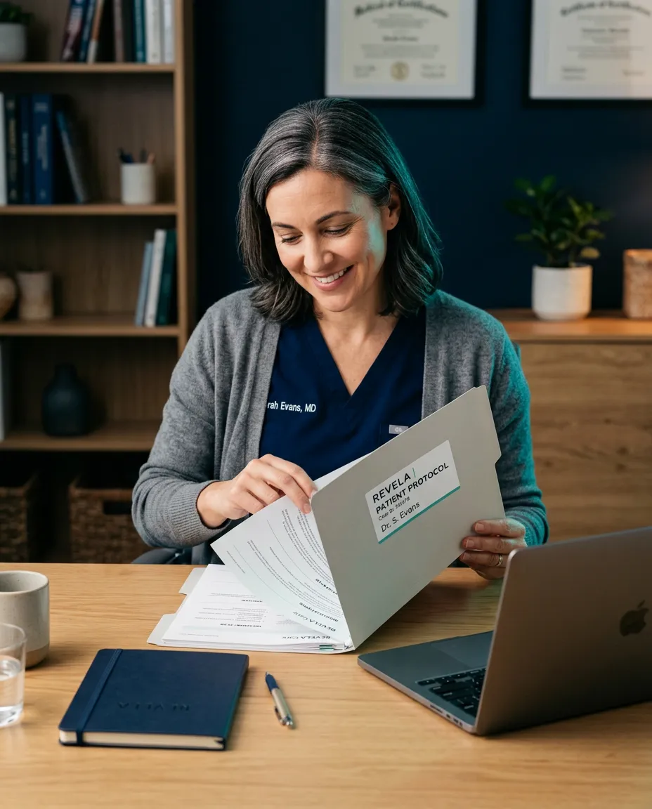 Revela licensed physician reviewing personalized patient protocol at clean clinic desk