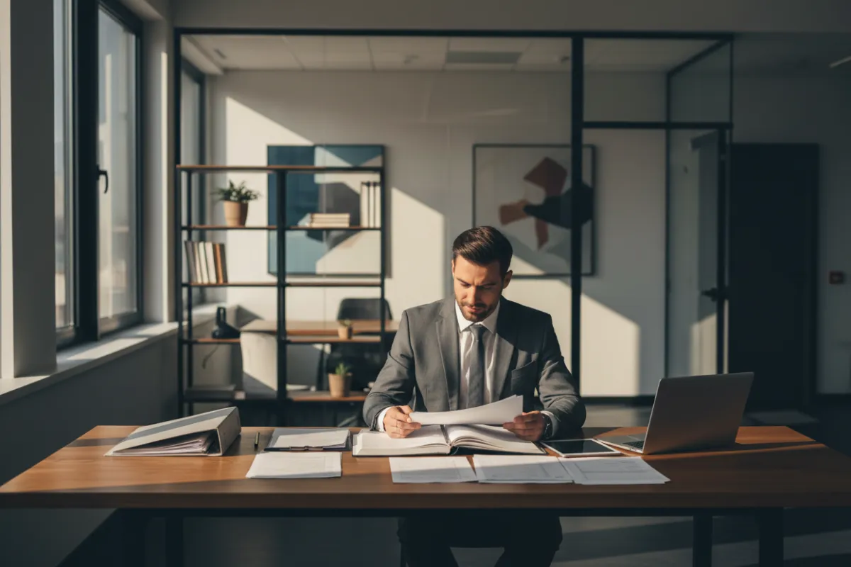 Accountant reviewing client documents in a modern office