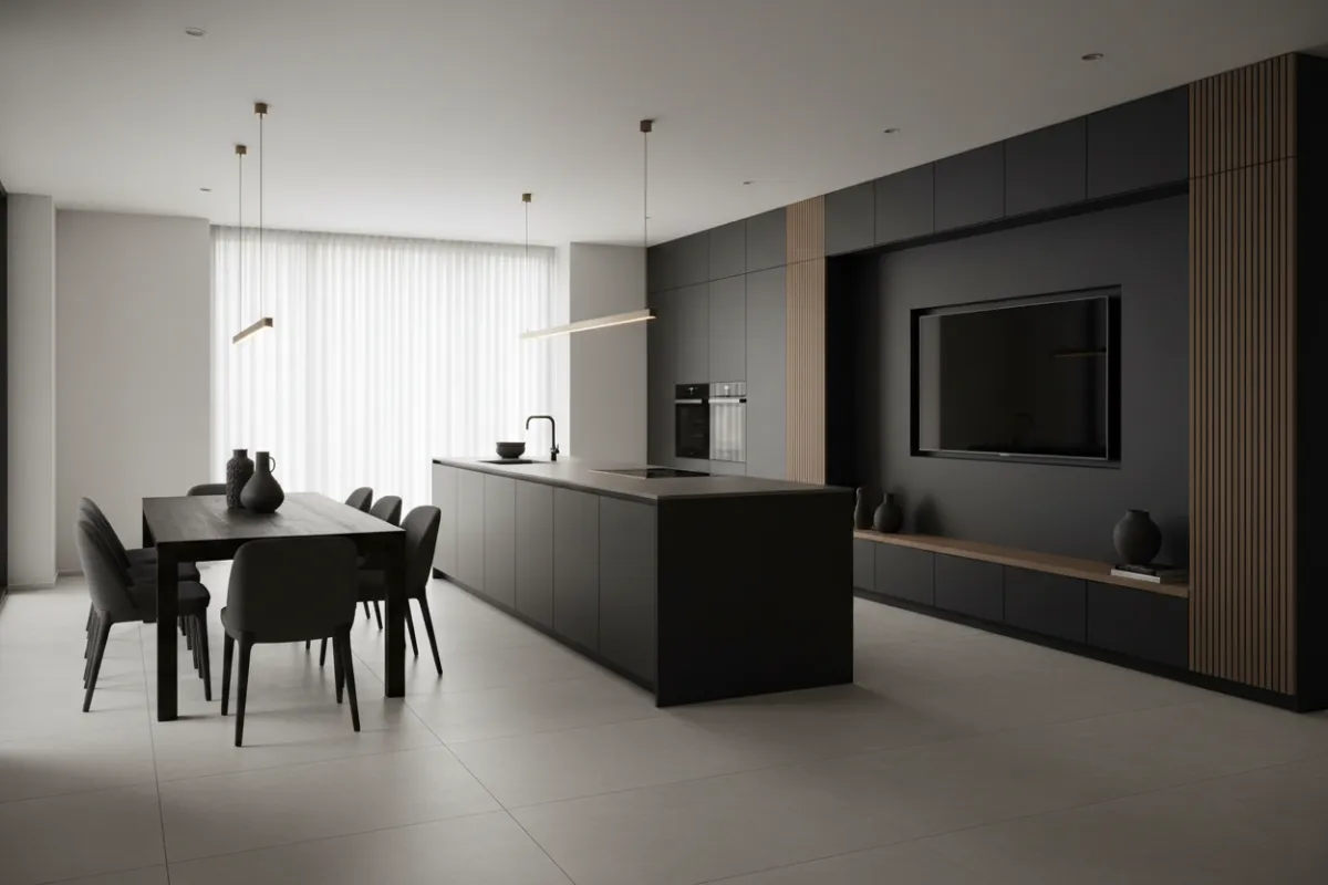 Open plan kitchen with LVT flooring and feature media wall
