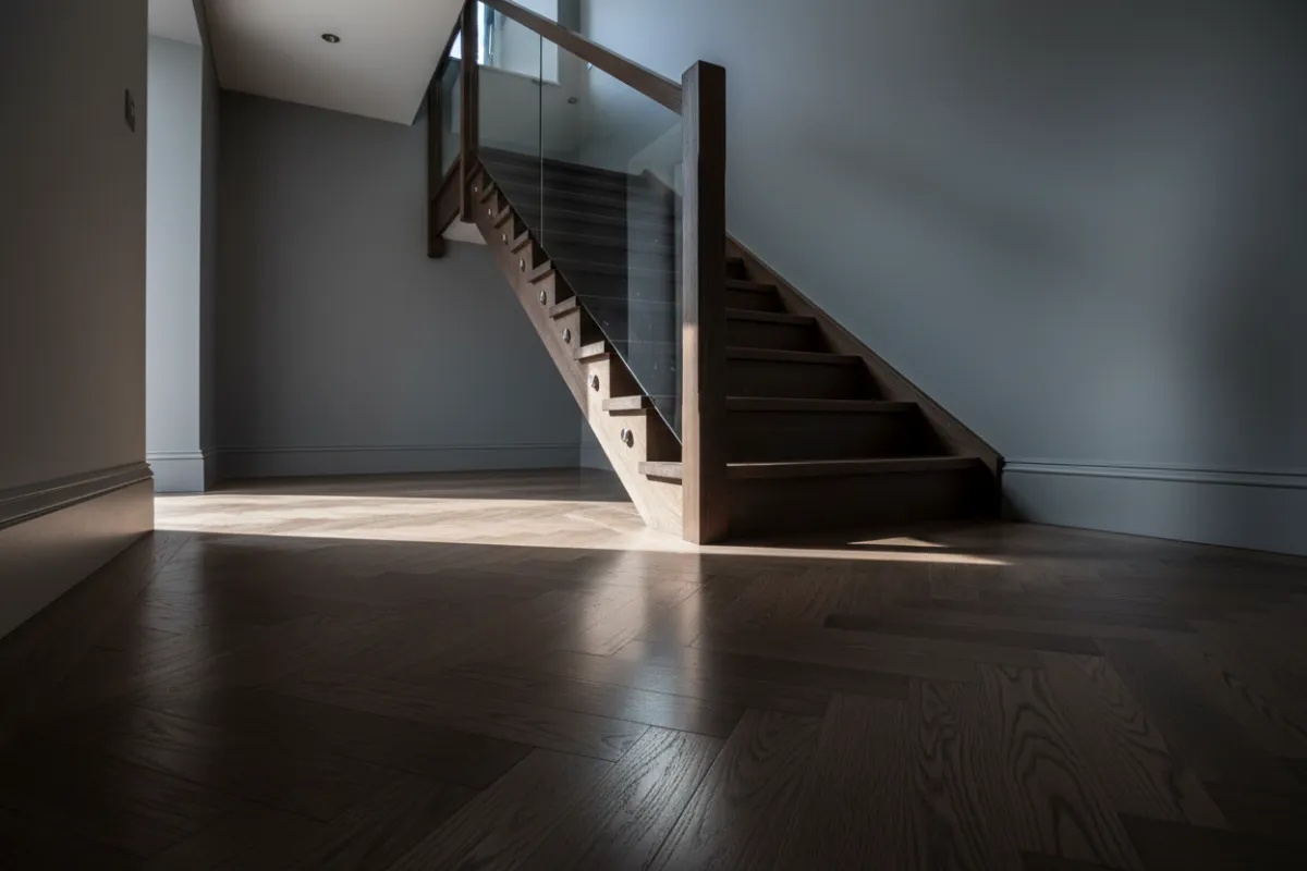Hallway with herringbone flooring and oak staircase