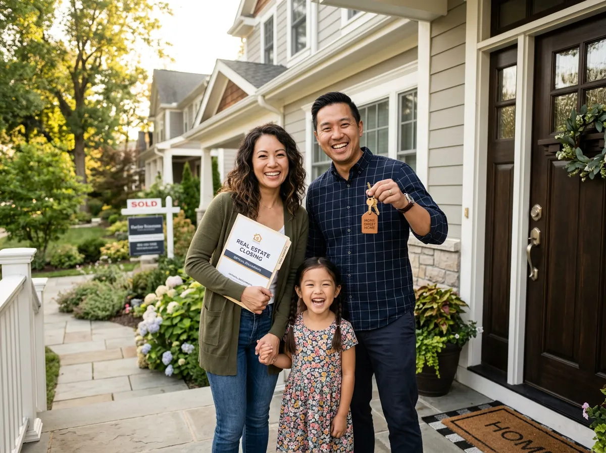 Happy Asian family holding keys outside their new home at closing