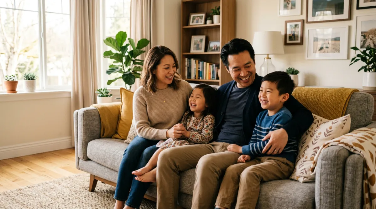Happy Asian family relaxing in their home