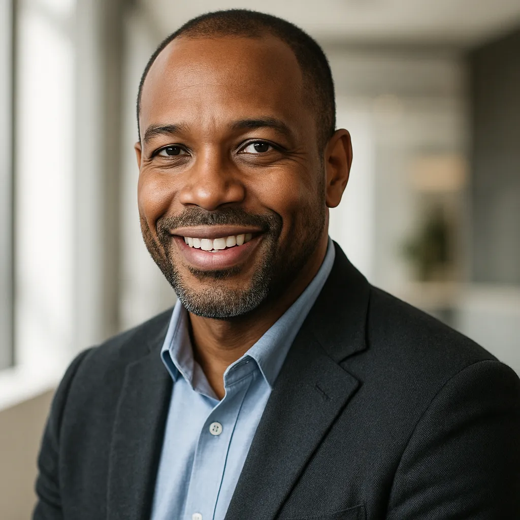 Portrait of the webinar host: 42-year-old Black male consultant, three-quarter pose, warm smile, modern studio background with soft natural light, wearing a blazer; photorealistic headshot emphasizing approachability and authority.