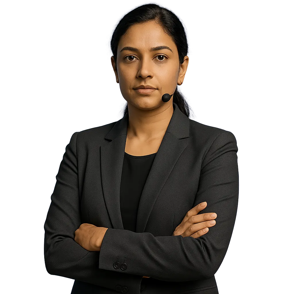 Speaker portrait - confident South Asian woman, studio lighting, transparent background