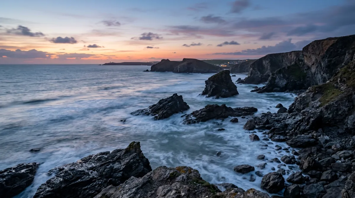 Landscape photo of a rocky coastline at twilight