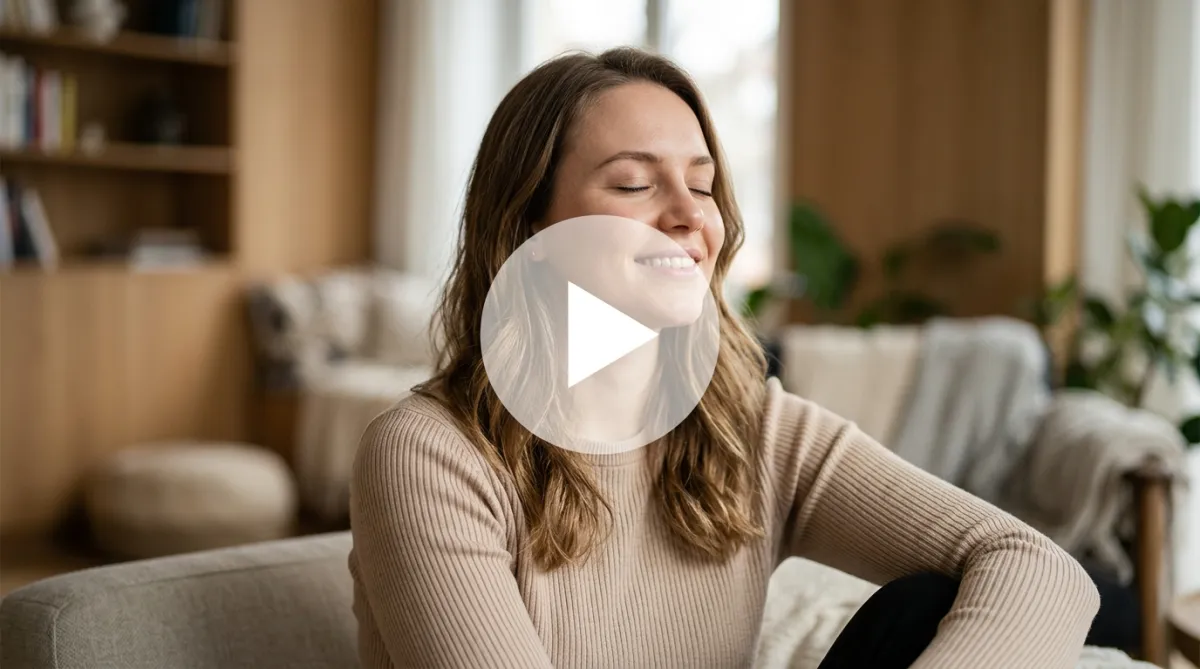 Video thumbnail showing a woman with her eyes closed, with a white play button overlay