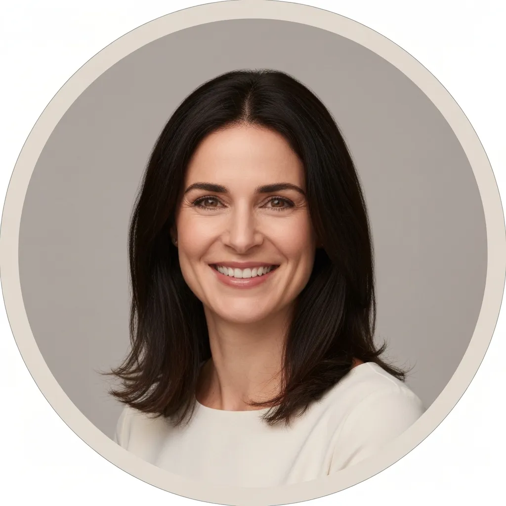 Small circular portrait photo of a woman smiling
