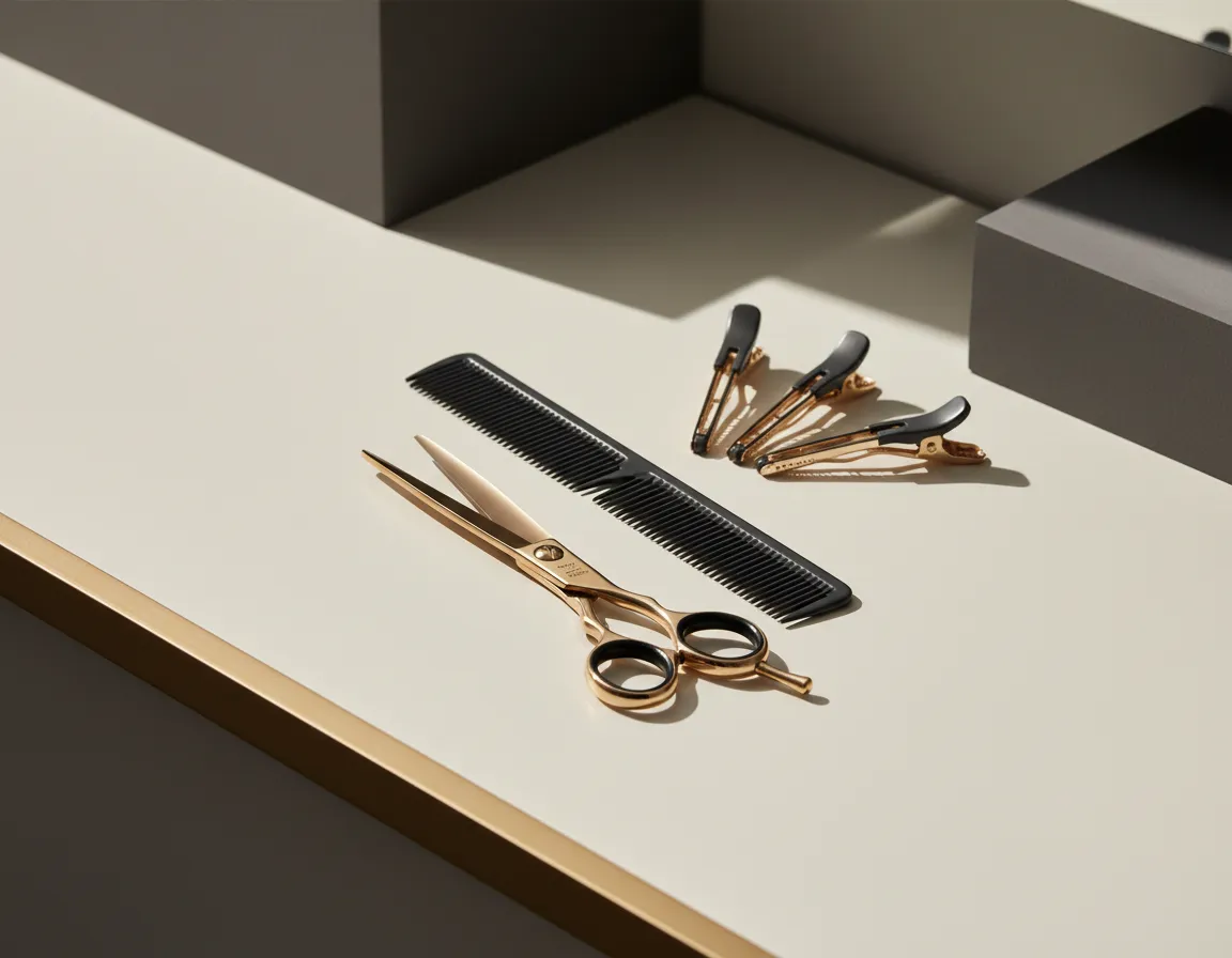 Luxury stylist preparing professional hair extension tools on a clean station