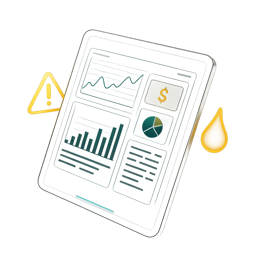 Dashboard depicting revenue leak detection on a modern tablet interface