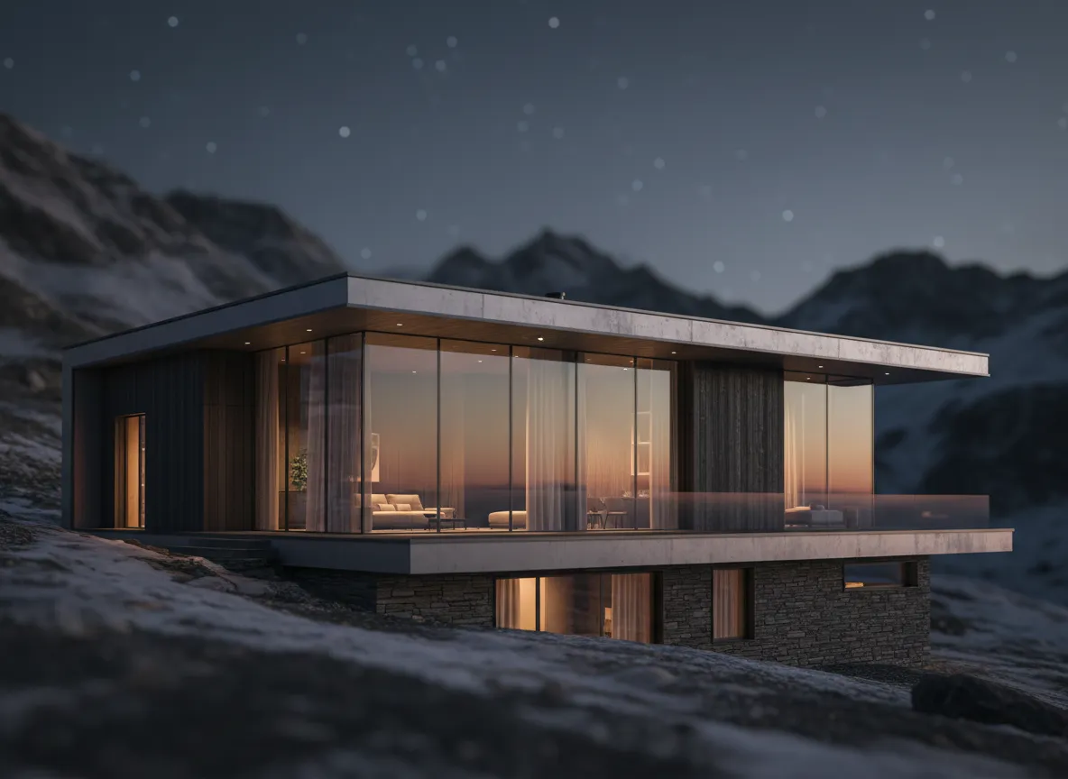 3D render of a modern luxury mountain cabin exterior