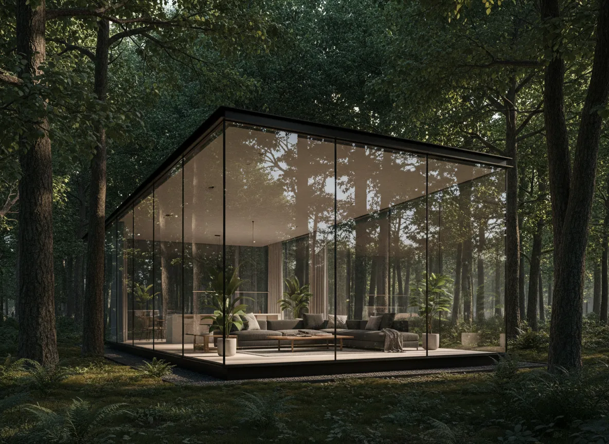3D Digital Art of modern glass house in the forest