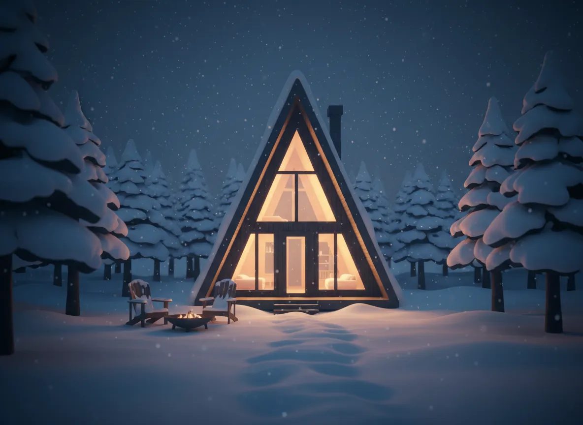 3D Digital Art of A-Frame Cabin in the snow