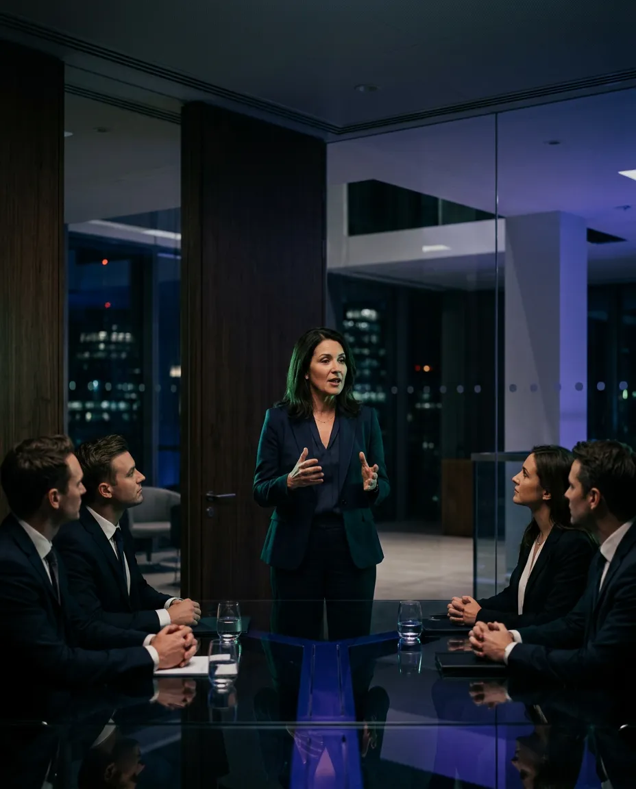Strategic AI Consultant advising executive leadership in a modern boardroom