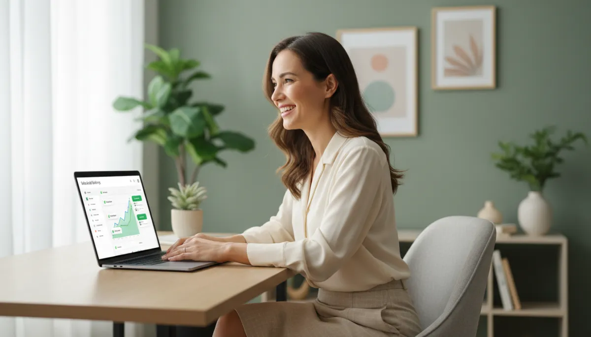 Happy female small business owner smiling as she sees online sales rolling in on her laptop screen