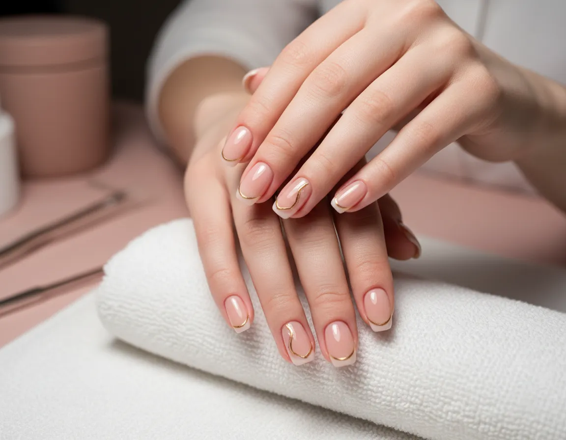 Manicura con uñas en tendencia rubber base y jelly tips