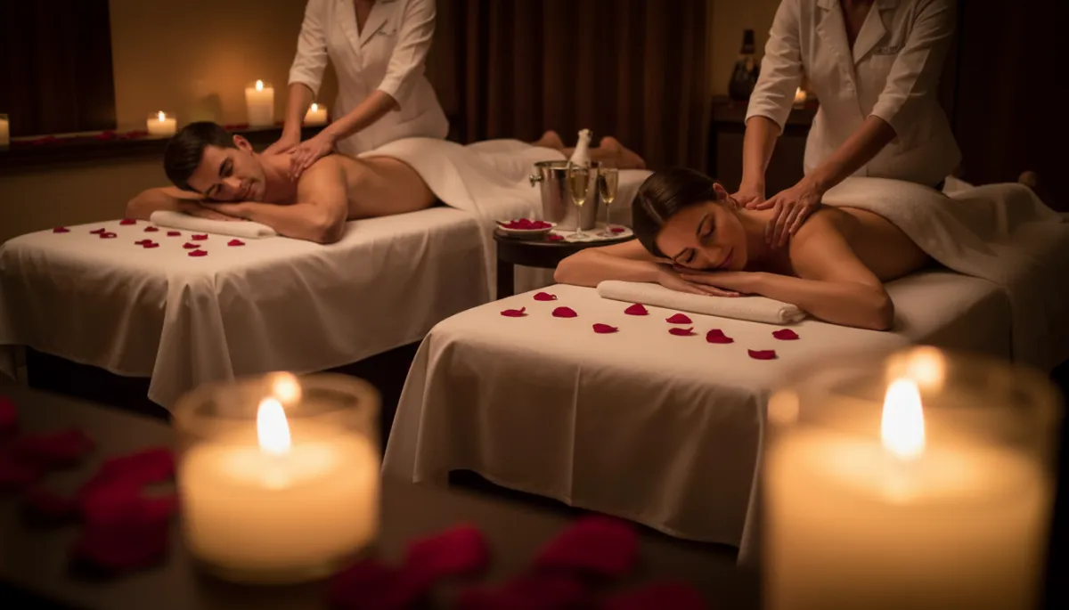Masaje en pareja en cabina romántica con champagne y velas