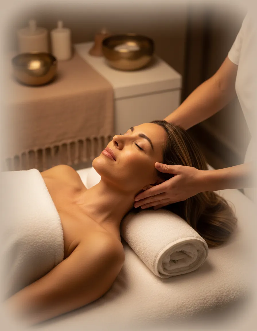 Mujer relajada disfrutando de un masaje y cuidado de cabello en spa de lujo