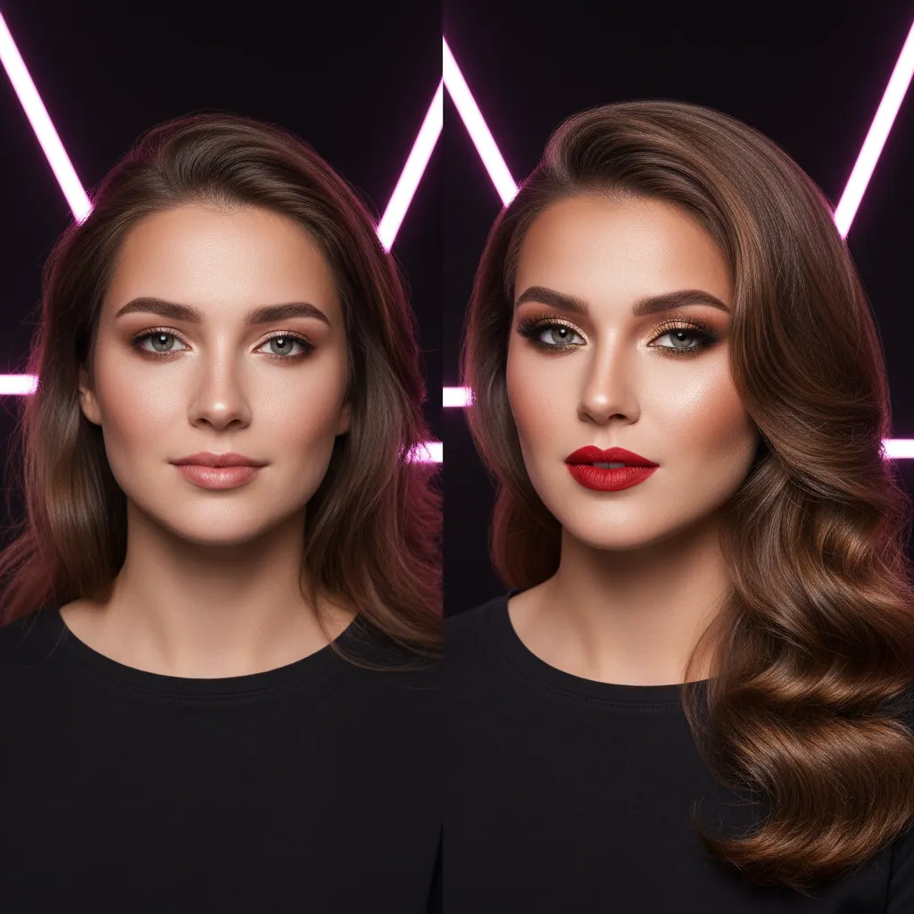 Antes y después de maquillaje glam