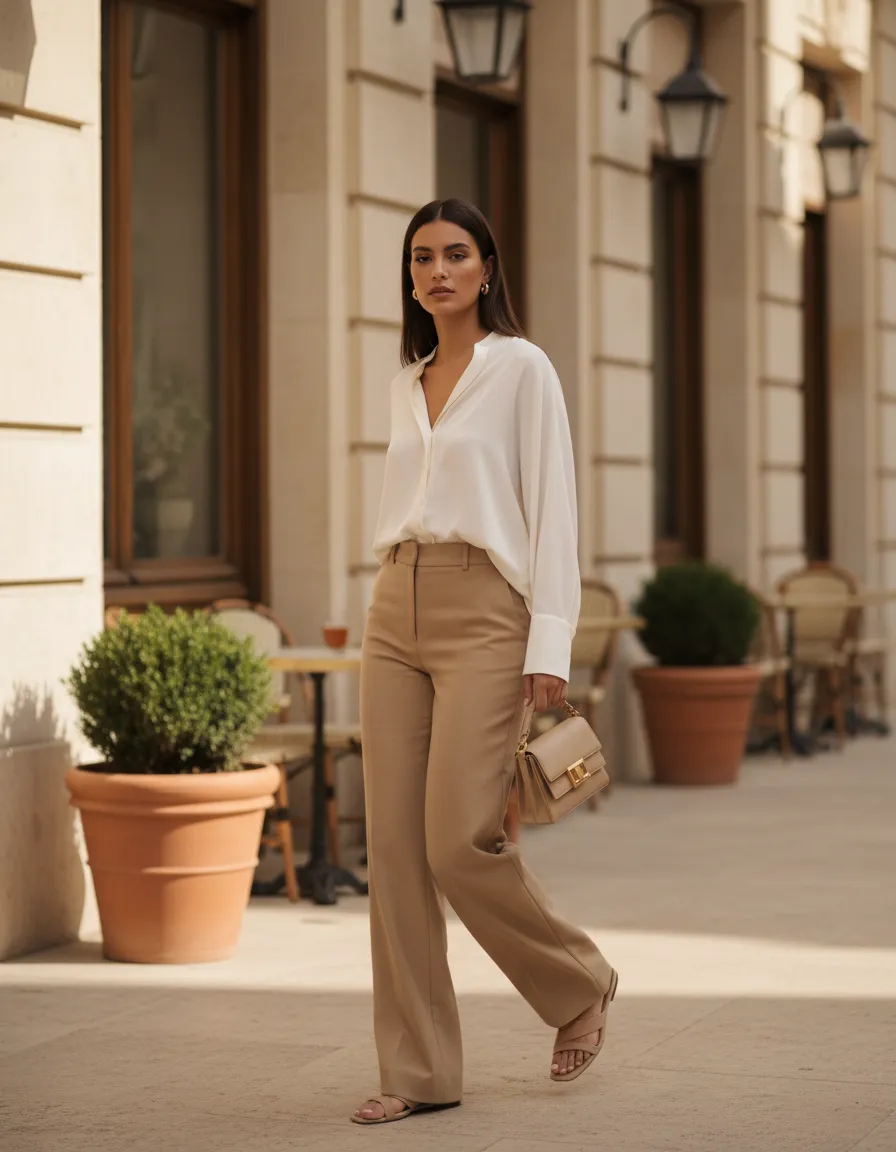 Look casual chic con tonos neutros y accesorios elegantes