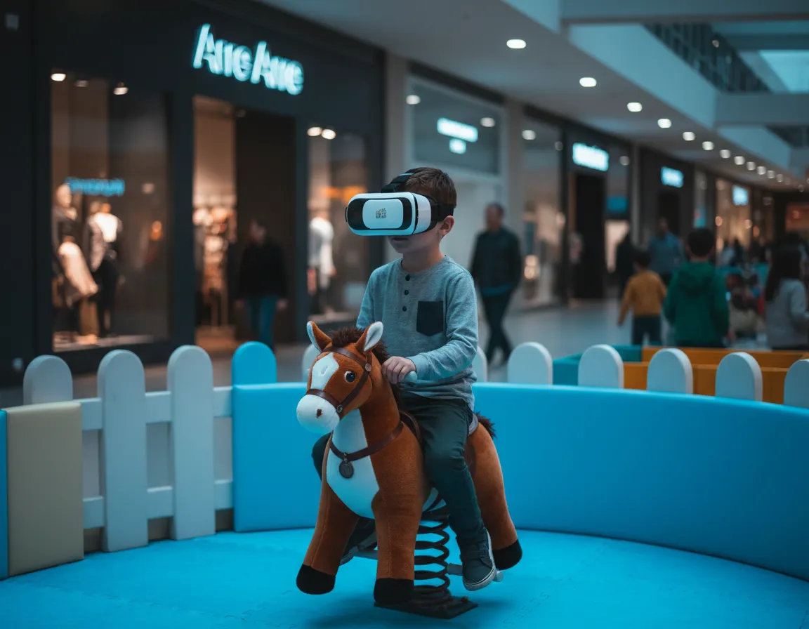 Niño con visor de realidad virtual cabalgando un caballo de felpa