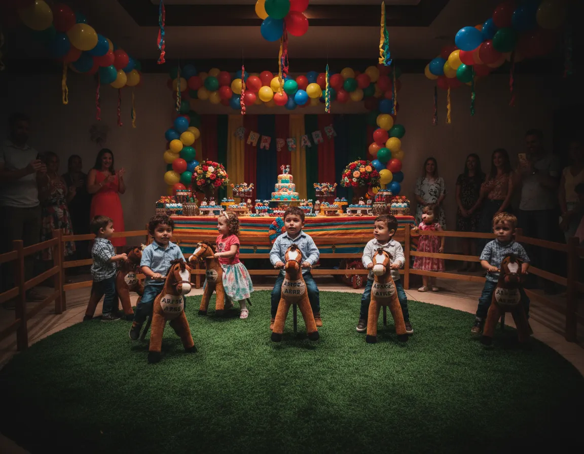 Cumpleaños infantil con decoración y caballos de felpa de Arre Arre