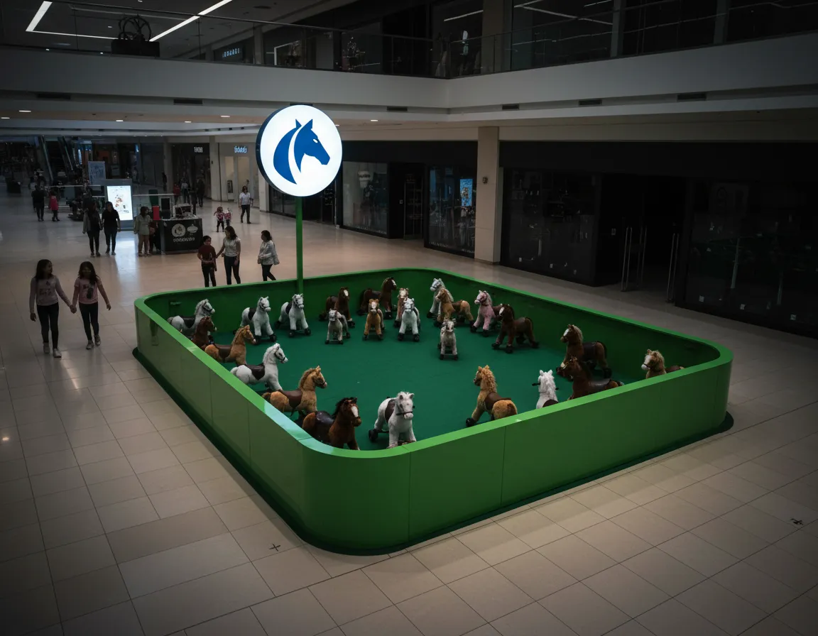 Stand de Arre Arre en el Sambil, con corral verde y caballos de felpa