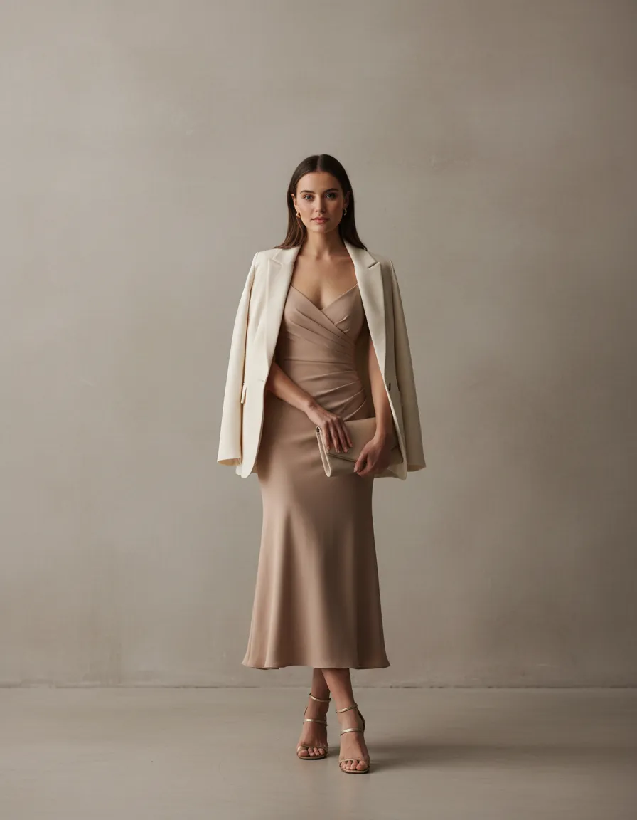 Conjunto para boda de día con vestido midi nude y blazer claro