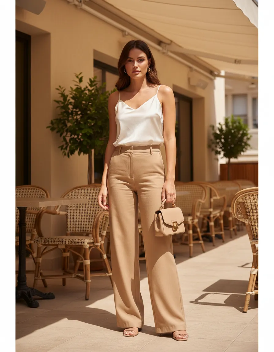Outfit casual chic con pantalón amplio y top elegante