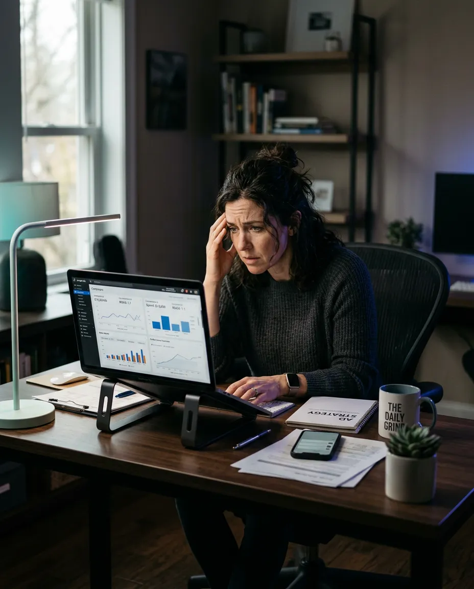 Stressed small business owner overwhelmed by marketing tasks and complex ad dashboards