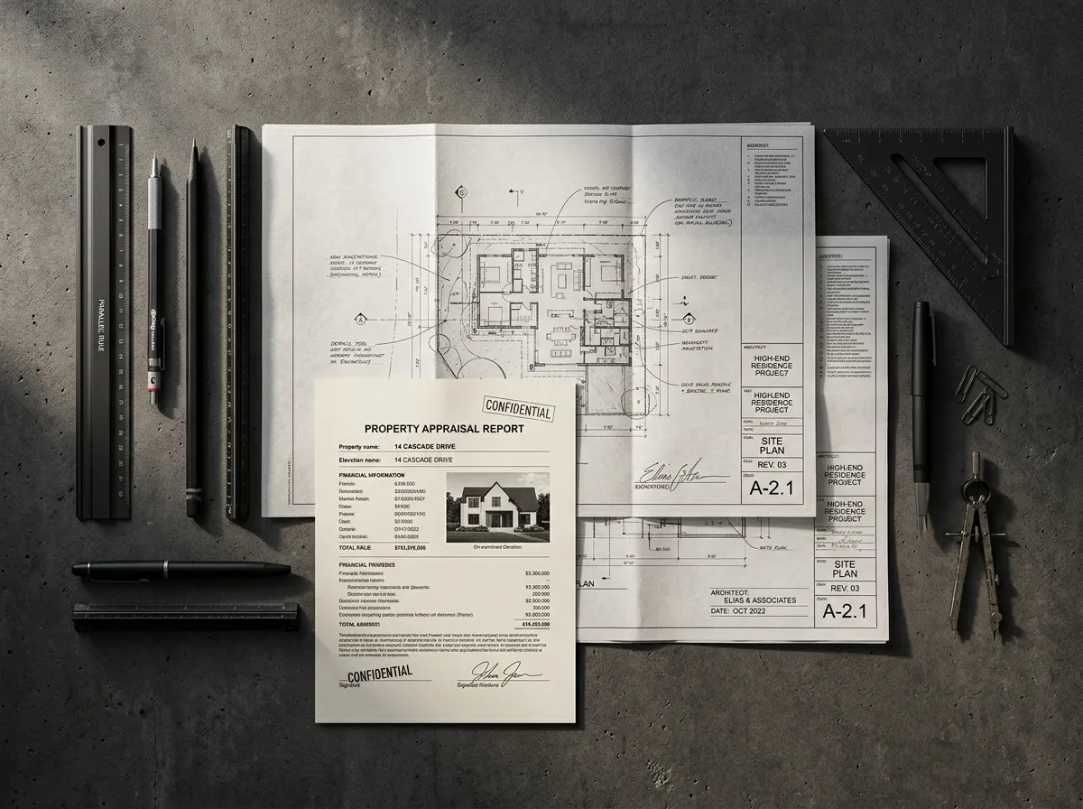 Architectural drawings and structural appraisal documents on concrete console