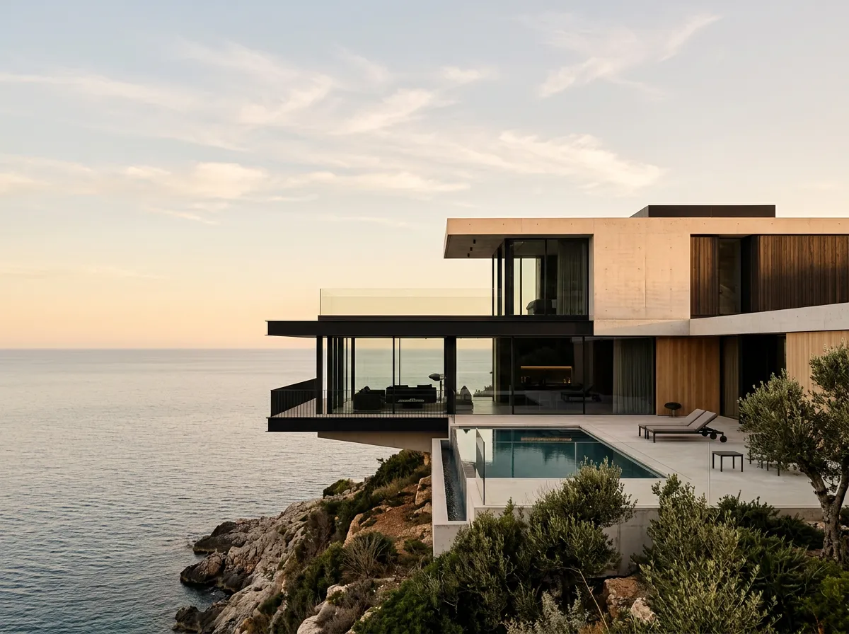 Minimalist luxury villa cantilevered over tranquil coastal horizon