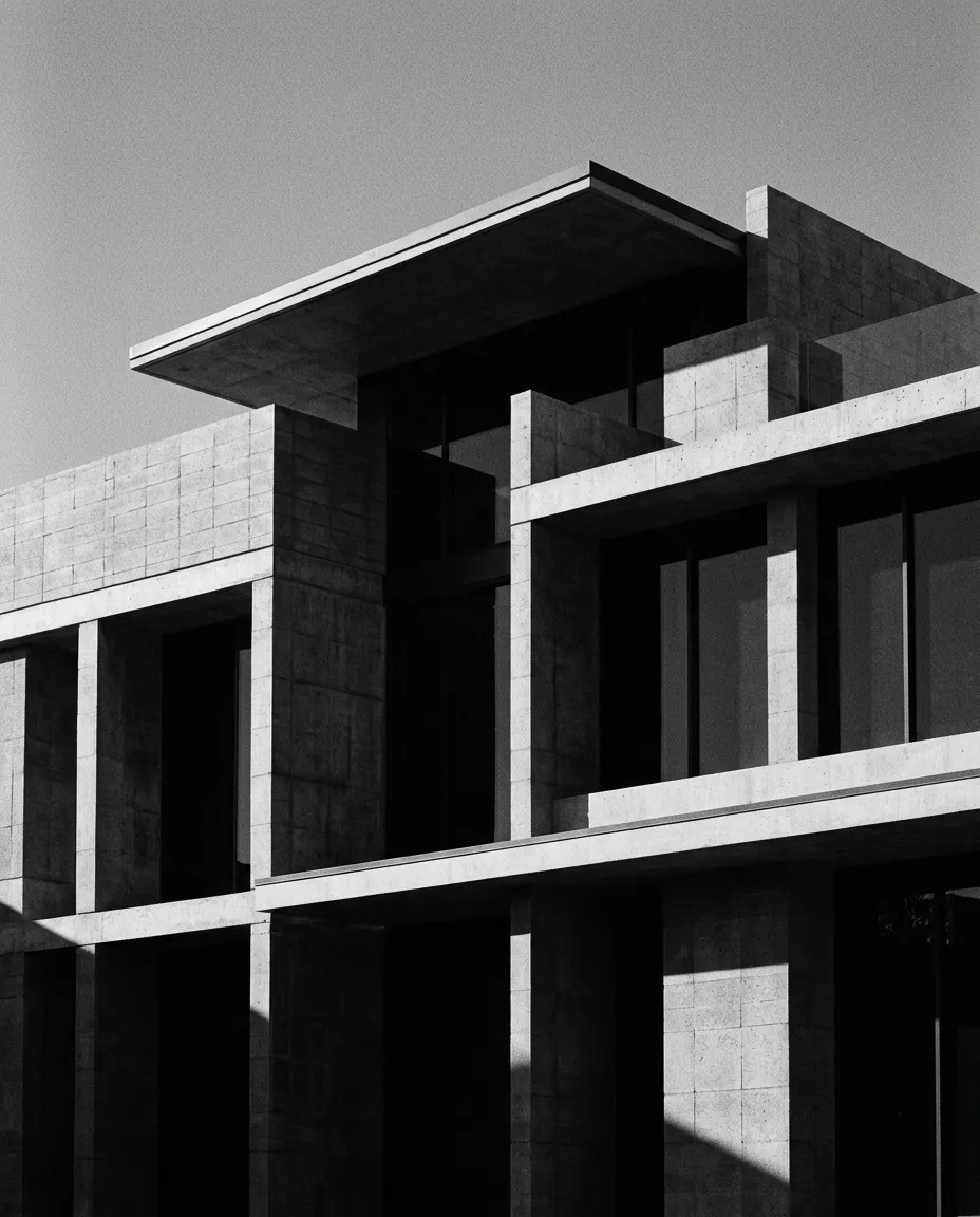 Monochrome architectural facade of a luxury estate in Manila with stark geometric lines