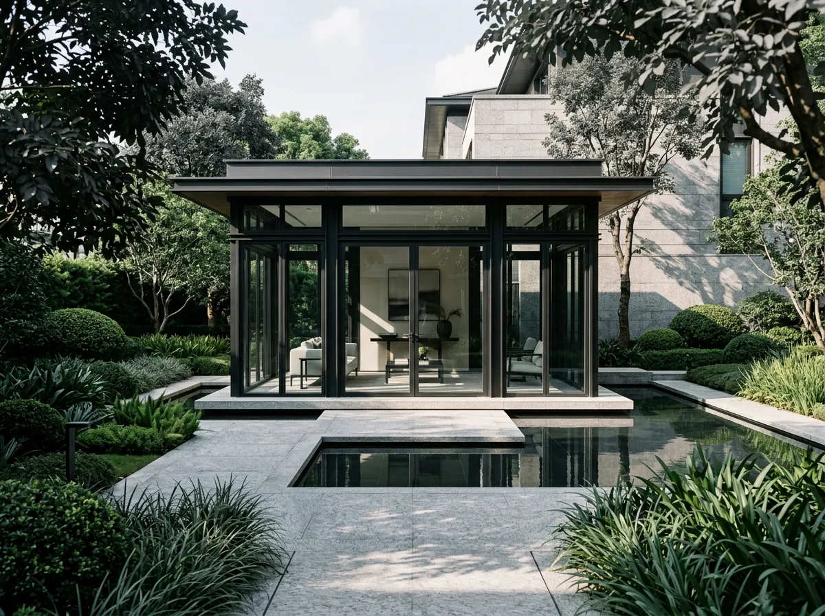 Private architectural residence pavilion in manicured courtyard