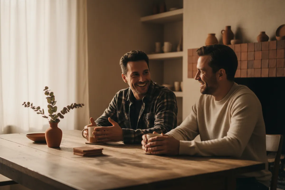 Two men conversing warmly at a table