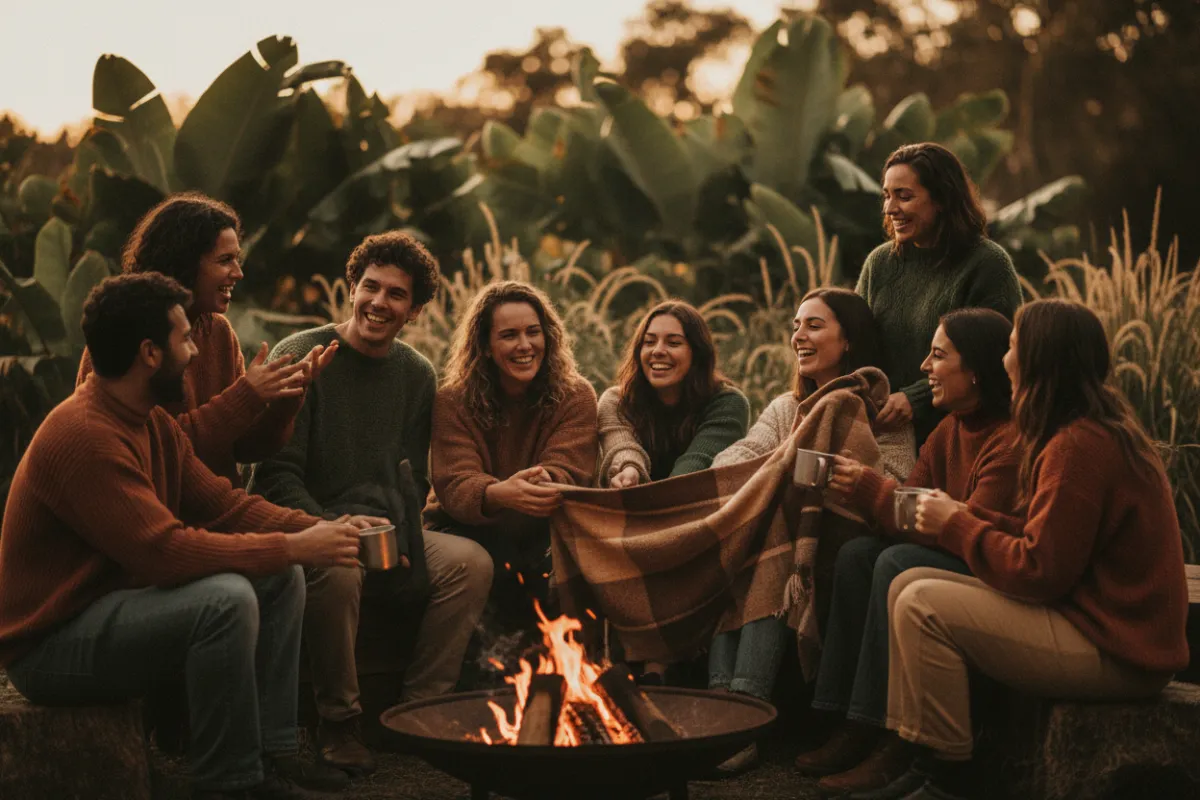 A warm group of people gathered around a fire outdoors