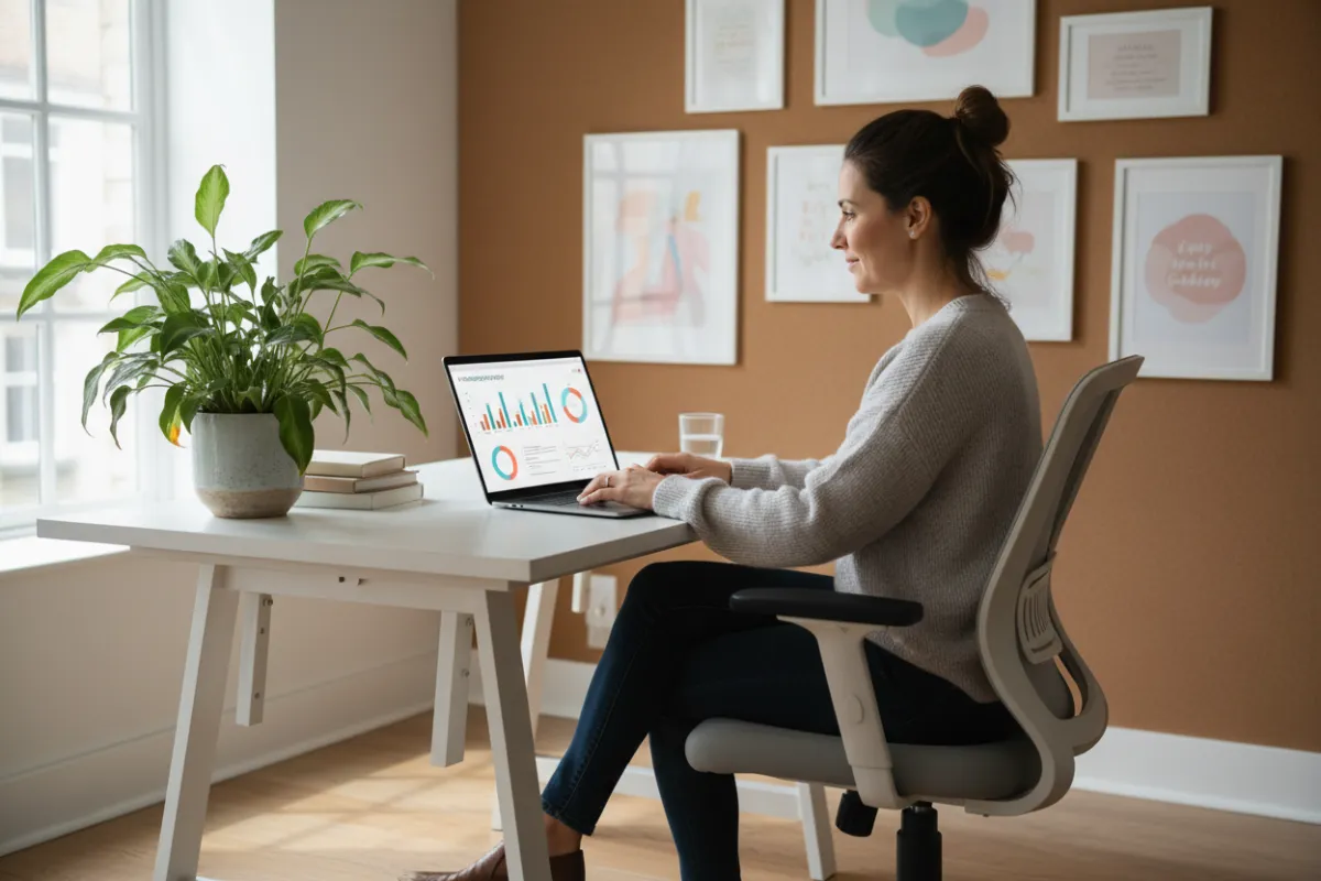 A woman in her 30s, working on a laptop in a home office, reviewing a progress dashboard. The workspace is tidy, with motivational quotes on the wall, and the atmosphere is focused and positive. The scene highlights a secure, supportive environment for personal development.