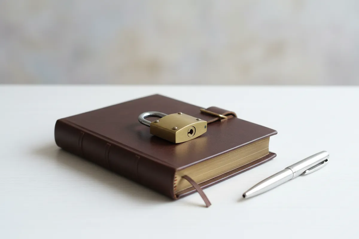 A close-up of a secure, locked journal resting on a clean white desk, with a pen beside it. The background is softly blurred, evoking a sense of calm and confidentiality. The image symbolises privacy and trust, with a gentle, minimalist aesthetic and no people present.