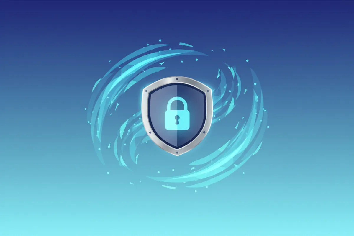 Digital illustration of a shield with a lock icon, surrounded by abstract blue and teal waves, symbolizing data security.