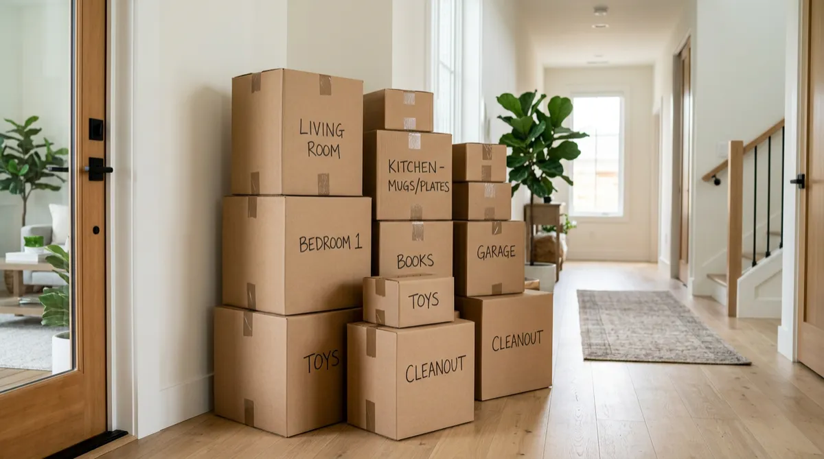 Cardboard boxes stacked for house cleanout