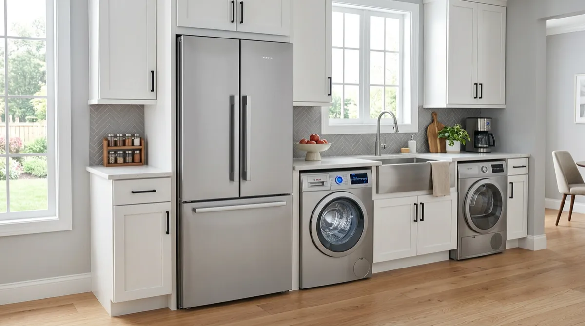Kitchen appliances including refrigerator and washing machine