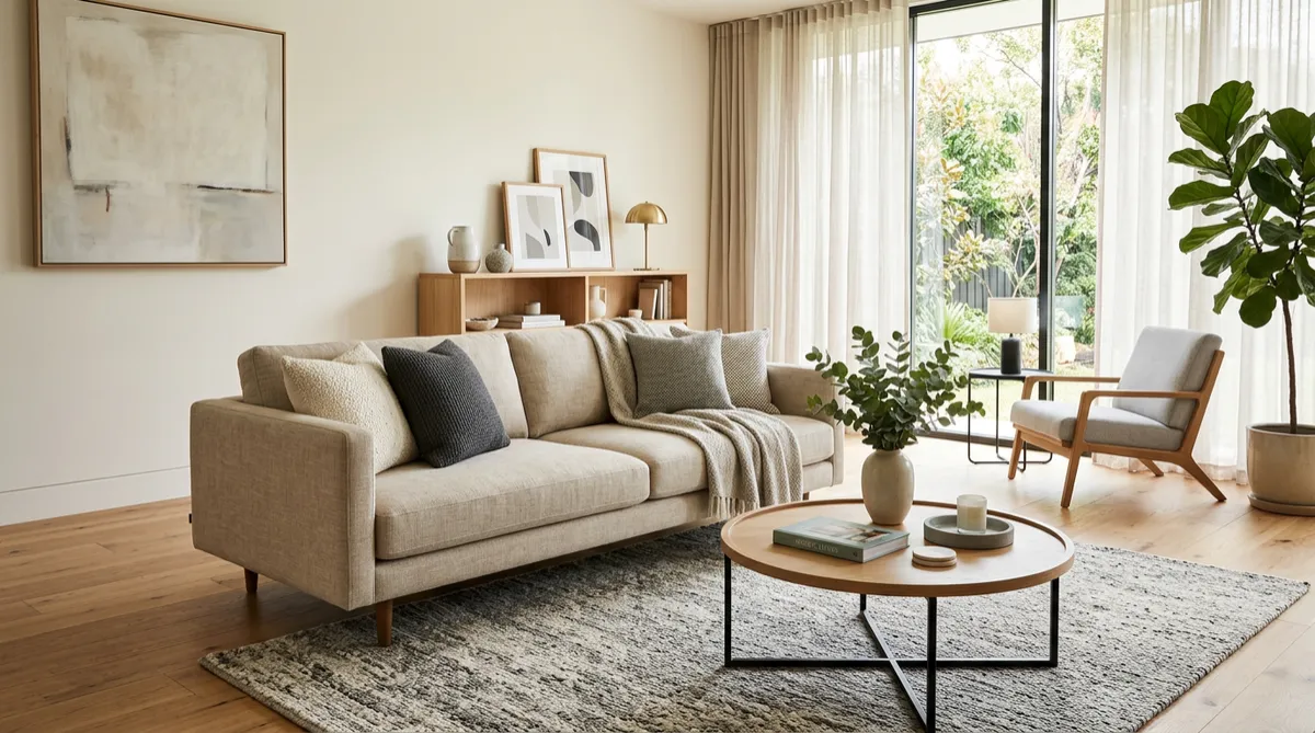 Living room with a beige sofa