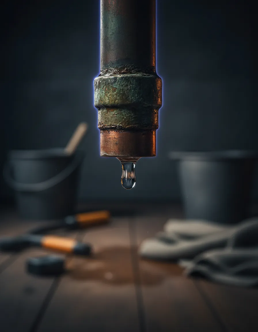 A stressful home repair situation, like a leaking pipe or broken furnace, creating an anxious environment.