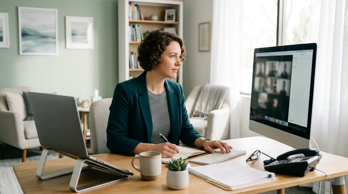 Therapist working at a computer desk