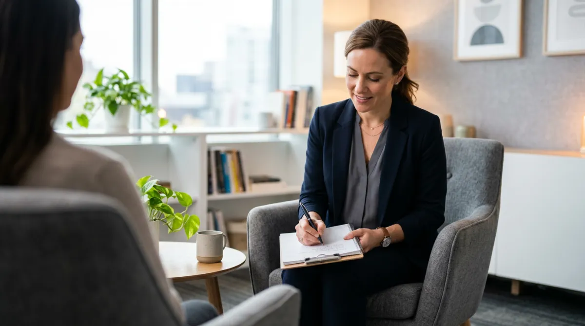 Therapist writing on a notepad