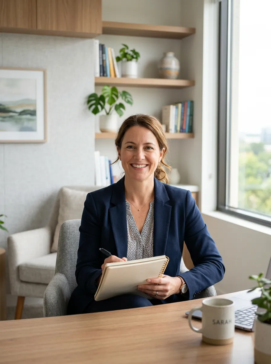 Smiling female therapist sitting in a brightly lit office holding a notebook