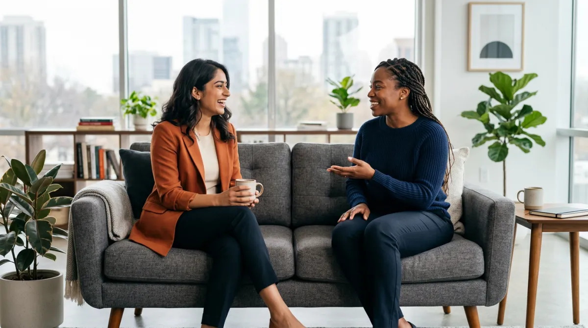 Two people talking on a sofa